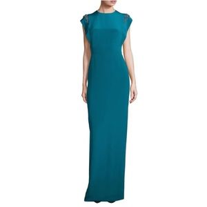 Theia Crepe JeweledCrystal Appliqué 100% Silk Teal Meghan Mackle Cape Gown NWT 8